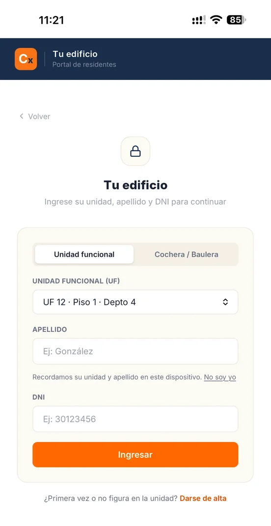 Pantalla de ingreso al portal Consorcix de un edificio: se elige la unidad funcional, o la cochera o baulera, y se escriben el apellido y el DNI.