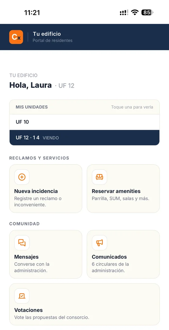 Inicio del portal Consorcix: el saludo con la unidad, las unidades del propietario y los accesos a nueva incidencia, reserva de amenities, mensajes, comunicados y votaciones.